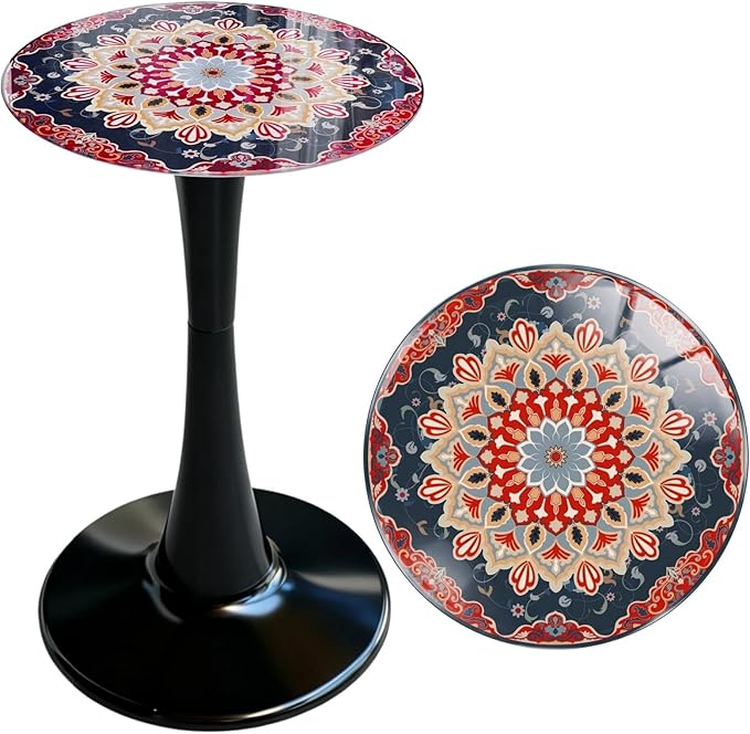 13.4" Outdoor Side Table, Round Patio Bistro Table Printed Tempered Glass Top, Waterproof Rust-Proof Base, Small Plant Stand for Balcony, Garden, Deck, 21.6" H (Ochre Color)