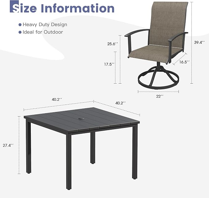 VICLLAX 5 Pieces Patio Dining Set, Patio Furniture Set of Metal Outdoor Table with Umbrella Hole and 4 Swivel Patio Chairs for Backyard Lawn, Mixed Brown & Black