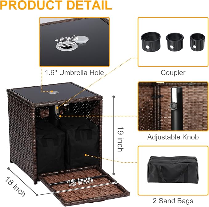 SUNNYPARK Outdoor Umbrella Side Table with 2 Weight Bags, 2-in-1 Patio Table with Umbrella Hole, All-Weather Handwoven PE Rattan Umbrella Base Stand for Deck Yard Garden Balcony Poolside