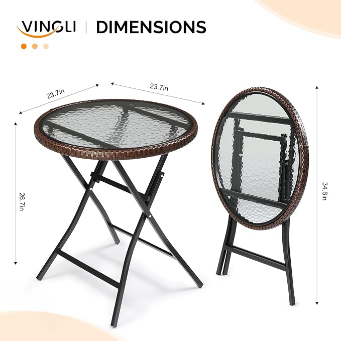 VINGLI 23.6in Modern Brown Rattan Folding Glass Outdoor Side Table, Small Patio Table with Tempered Glass Top,Round,1 Pack