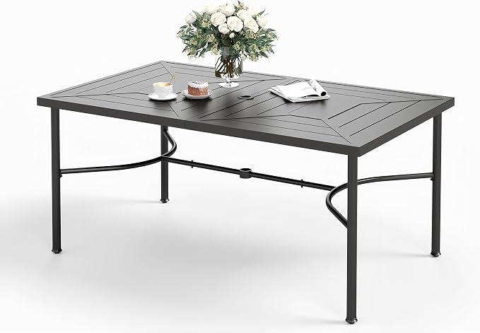 SUNSHINE VALLEY 64" x 39" x28.5" Patio Dining Table ，Rectangular Steel Outdoor Dining Table for Garden Backyard Lawn Yard Furniture, Steel Frame with 1.57" Umbrella Hole