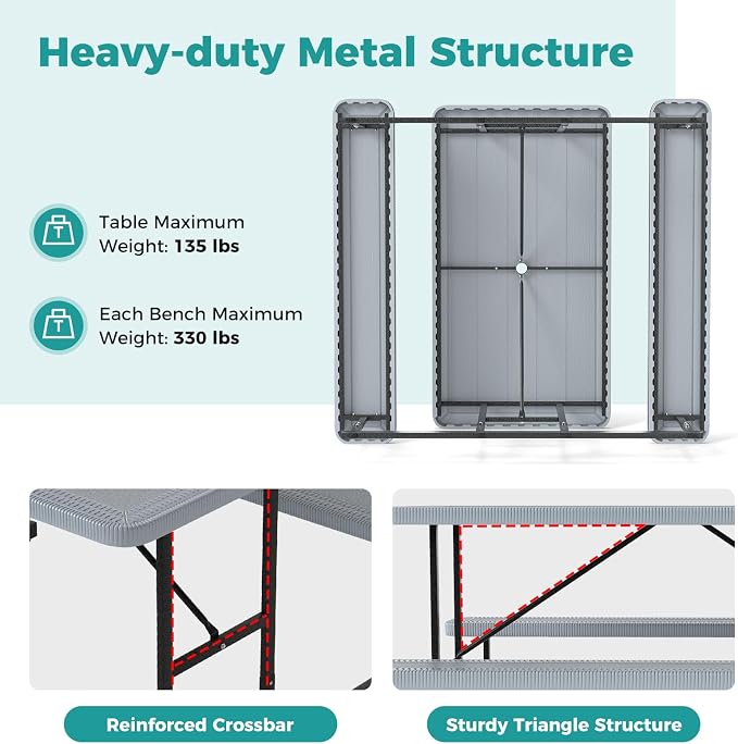 Byroce Outdoor Picnic Table for 4 Person, Rectangular Picnic Camping Table Set with Long Benches, Umbrella Hole & Metal Frame, Heavy Duty HDPE Dining Table Chairs for Patio, Yard & Poolside (Gray)