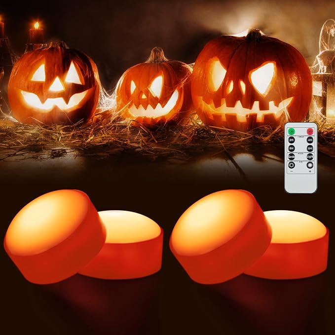 SOLLED 4-Pack Halloween Led Pumpkin Lights, Flickering Flameless Candles with Remote Control and Timer, Jack O Lantern Lights Battery Operated for Halloween