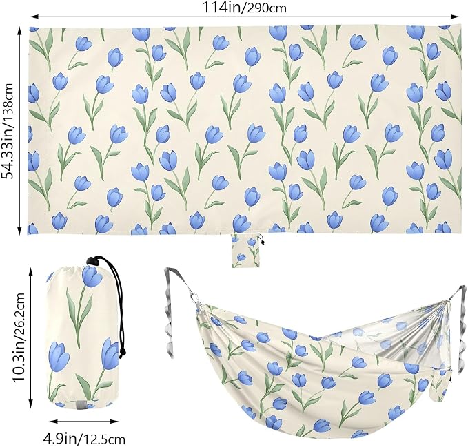 Camping Hammock Outdoor Hammocks for Outside Blue Tulip Cream Beach Trees Portable Lightweight with Pockets Tree Straps Indoor