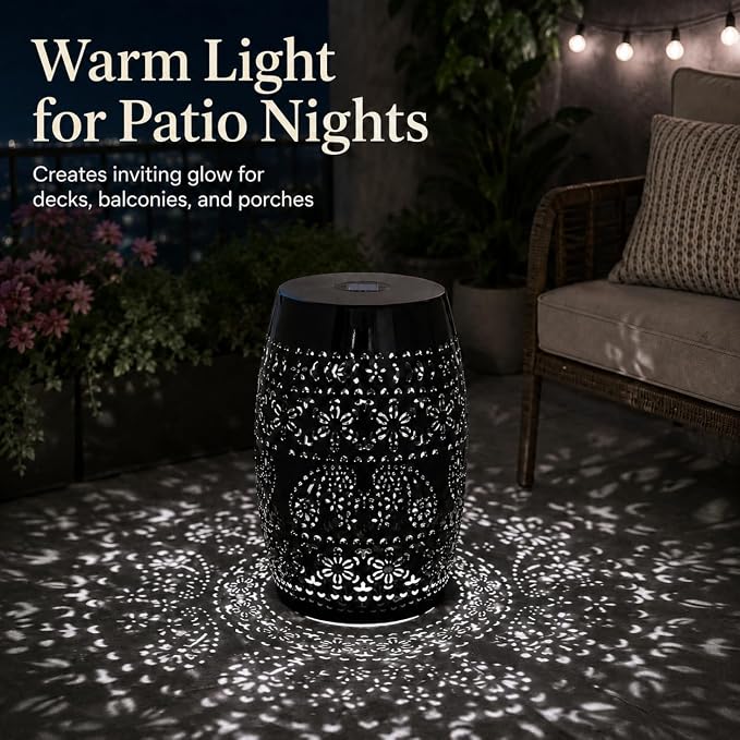 12" Outdoor Solar Side Table, Multi Functional Decorative Cutout Metal Round Side Table, Coffee Table, Night Stand, Plant Stand for Patio, Garden, Backyard, Gazebo Indoor (Black)
