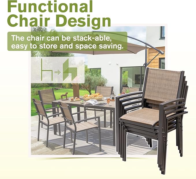 Homall 7 Pieces Patio Dining Set Outdoor Furniture with 6 Stackable Textilene Chairs and Large Table for Yard, Garden, Porch and Poolside (Beige)