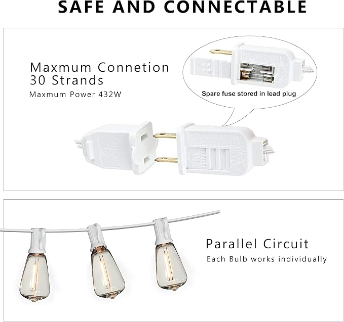 Outdoor String Lights White 50FT Waterproof Patio Lighting for Bistro Cafe | 50FT Connectable White Outdoor Lights, 27 Plastic Dimmable Edison Bulbs for Wedding Porch Garden Gazebo Balcony Deck Yard