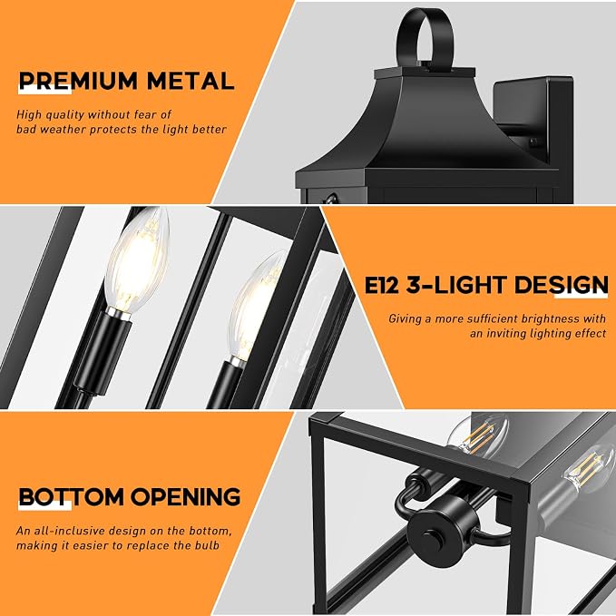 15.5'' Motion Sensor Outdoor Wall Light, Dusk to Dawn Outdoor Lighting | Large Black Modern Sconces Lantern Porch Lights, Exterior Lighting Fixtures with E12, Outside lights for House, 3 Modes
