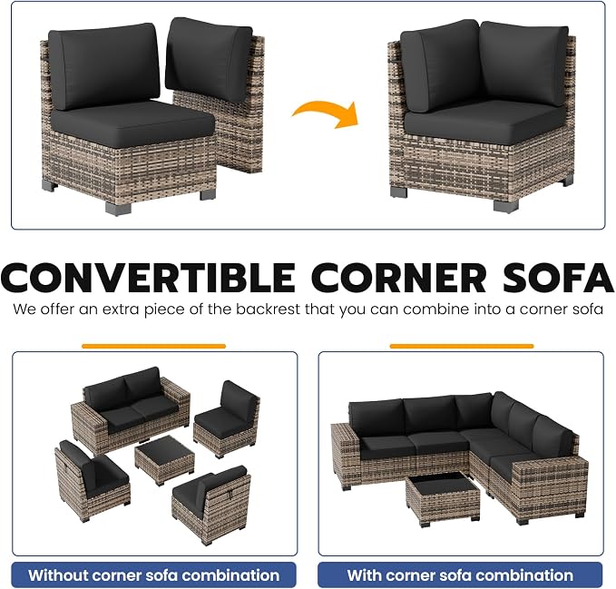 Patio Furniture Set, Wide Armrest Outdoor Furniture Set with Thick Cushions, 6 Piece Wicker Rattan Patio Sectional Sofa for Backyard, Poolside, Garden