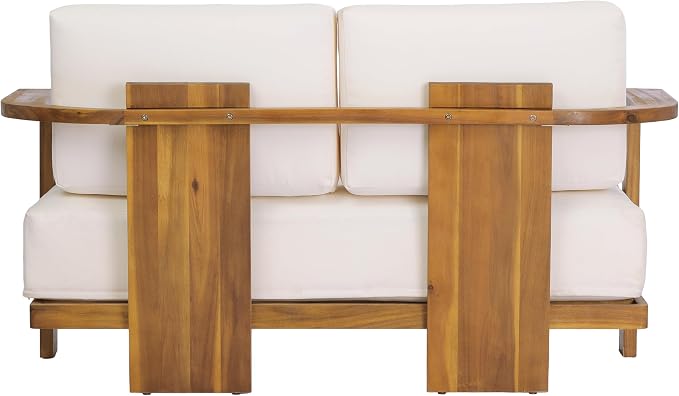 Christopher Knight Home Archer 2 Piece Loveseat Sofa and Coffee Table Set, Acacia Wood Patio Furniture Set with Removable Cushion, Patio Conversation Set with Slatted Design, Beige+Teak