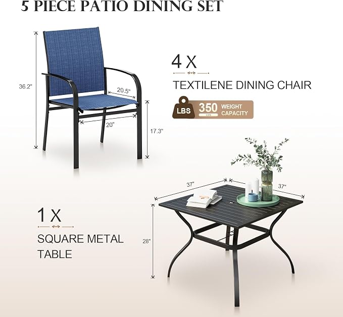 HERA'S HOUSE 5pc Patio Dining Set for 4, Outdoor Metal Table & Blue Chairs | Textilene chairs + 37" square table with umbrella hole. Waterproof, rust-resistant, all-weather for backyard, porch