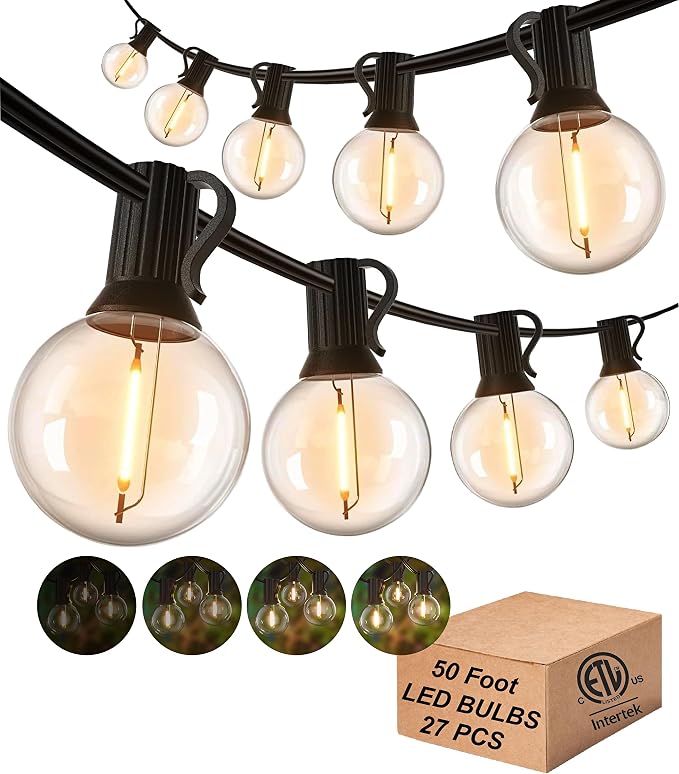 Outdoor String Lights Waterproof 50FT Patio Lighting for Backyard Bistro | 50FT Connectable Outdoor Lights,27 Plastic Dimmable Globe Bulbs for Backyard Bistro Porch Garden Gazebo Balcony Deck Cafe