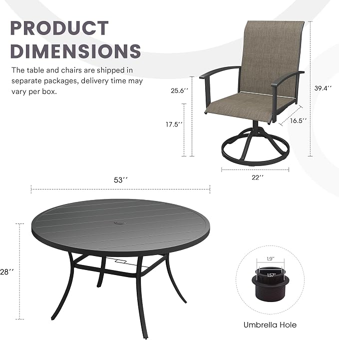 7 Pieces Outdoor Patio Dining Table Set, 53" All Weather Round Metal Table with Umbrella Hole and 6 High Back Textilene Swivel Chairs for Garden, Lawn, Poolside, Black Table & Brown Chairs