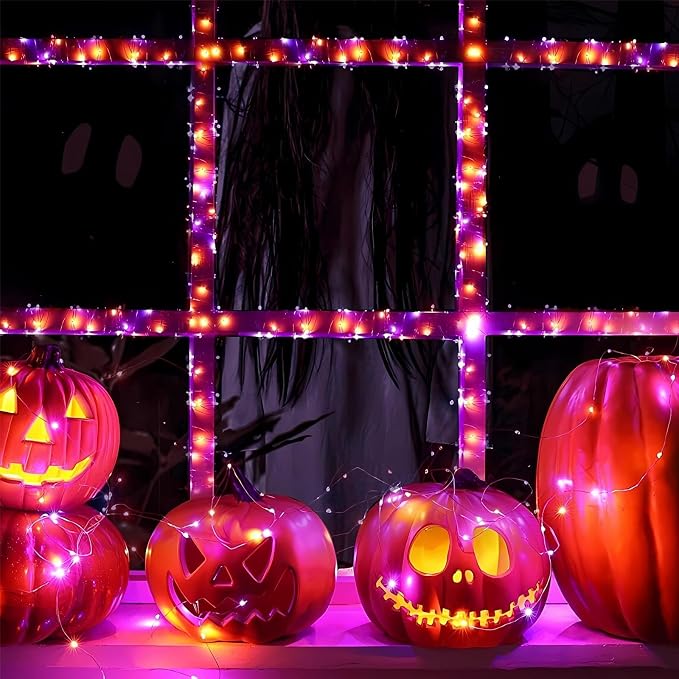 66FT 200 LED Fairy Lights Plug in, 8 Modes Twinkle Lights Purple and Orange | Waterproof String Lights Outdoor Indoor, Memory, Timer, Copper Wire, Halloween Lights for Bedroom Garden Party Holiday Decor