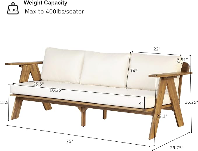 Christopher Knight Home Dina 4-Piece Patio Furniture Set, Acacia Wood Outdoor Conversation Set with Coffee Table, Outdoor 3-Seater Sofa and Club Chairs Set with Cushions for Backyard, Teak+Beige