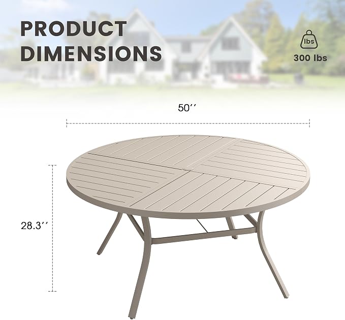 50" Outdoor Dining Table with Adjustable Umbrella Hole, Metal Slatted Round Patio Dining Table for Backyard Garden Deck, Sandshell