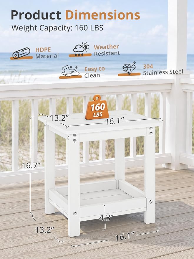 LUE BONA Outdoor Side Table, 2-Tier HDPE Small Outdoor End Table with Rail for Patio, Deck, Poolside, Low Maintenance & Weather Resistant, White