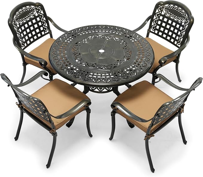 VIVIJASON 5-Piece Patio Furniture Dining Set, All-Weather Cast Aluminum Outdoor Conversation Set, Include 4 Cushioned Chairs and 1 Round Table w/Umbrella Hole for Balcony, Lawn, Garden, Backyard