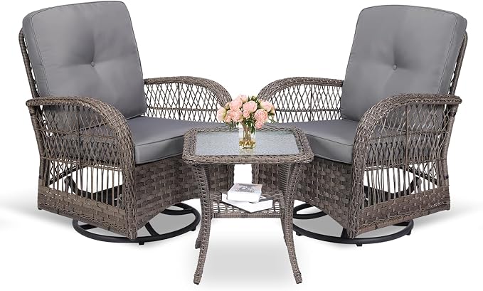 MEETWARM 3 Pieces Outdoor Wicker Swivel Rocker Patio Set, Rocking Chairs Rattan Patio Furniture Sets with Thickened Cushion and Glass-Top Coffee Table, Conversation Bistro Set for Porch (Gray)