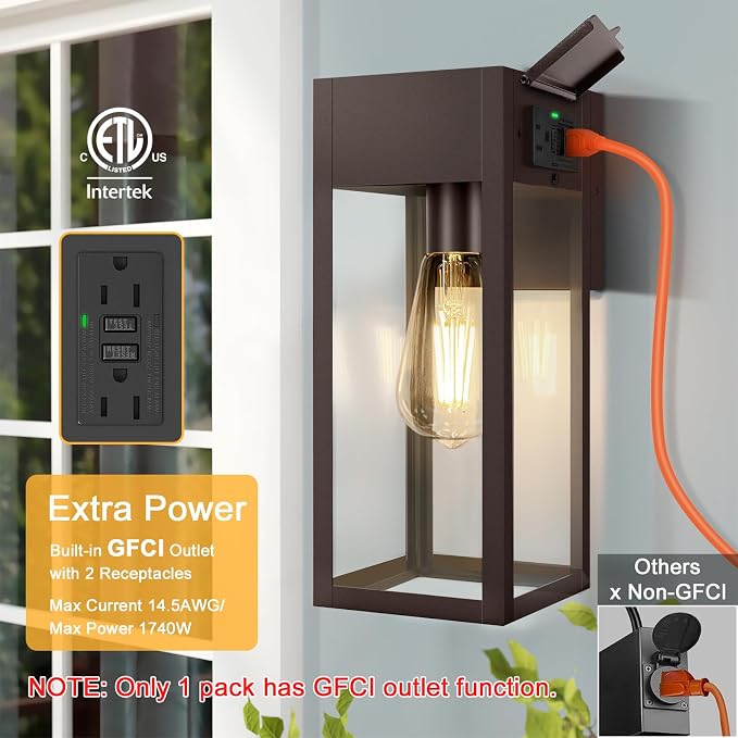 2 Pack Porch Lights Outdoor Wall Sconce, Outdoor Light with GFCI Outlet, Waterproof Exterior Wall Lantern Light Fixtures, Anti-Rust Wall Lamp for Patio Doorway Garage- Oil Rubbed Bronze