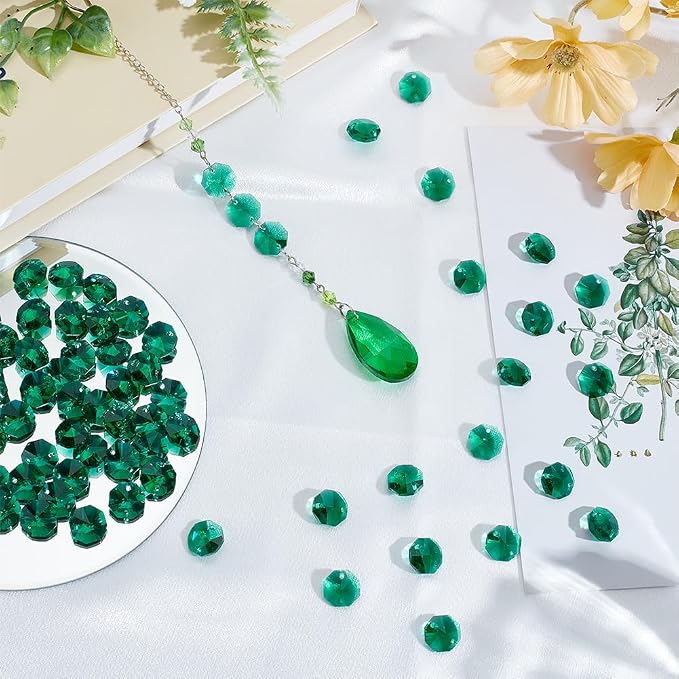 1 Box 120Pcs 14mm Glass Octagon Beads 2 Hole Crystal Prism Beads Sun Catcher Dark Cyan Chandelier Replacement Connector Faceted Spacers for Suncatchers DIY Lamp Hanging Pendants Jewellery