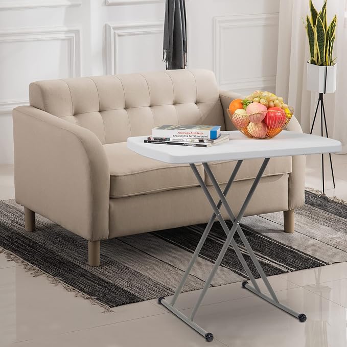 Outvita Folding Table, Indoor Outdoor Dinner Table with X Legs and Hard Plastics Tabletop 13" to 28" Adjustable Height White