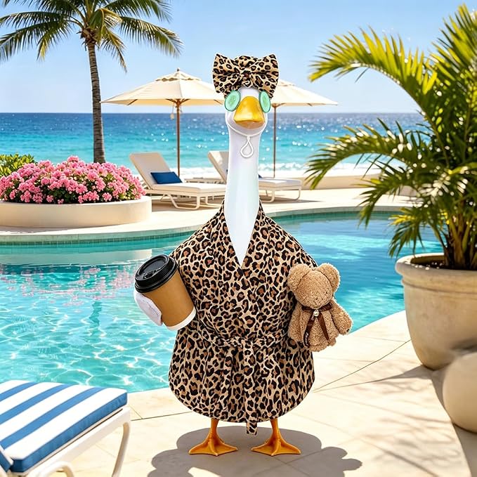Celltestria Lady Goose Outfits for 23" Geese Bathrobe Brown Leopard Porch Goose Costume Coffee Cup Bear Cucumber Eye Mask Goose Clothes for Outdoor Patio Yard Lawn Garden Decoration