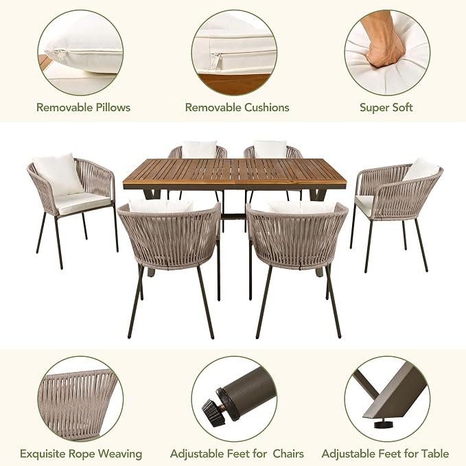 VilroCaz 7 Pieces Patio Dining Set, All-Weather Outdoor Conversation Set Gathering Set with Acacia Wood Tabletop and Metal Frame, Dining Table and Chairs for Garden Backyard Balcony (Beige Rope)