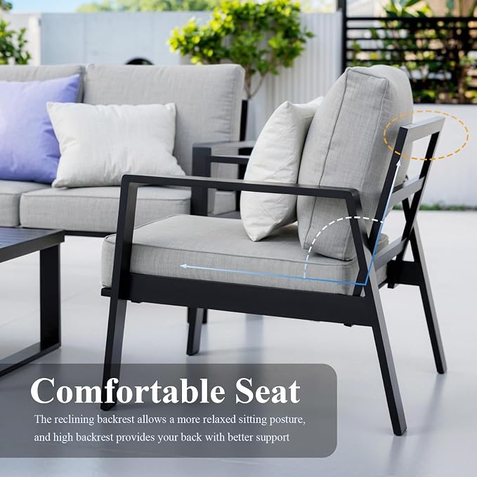 Aluminum Outdoor Patio Furniture Set, 4 Piece Sectional Coversation Sets with Coffee Table, Modern Outdoor Sofa Couch with Thick Cushions for Porch, Balcony, Garden, Light Grey