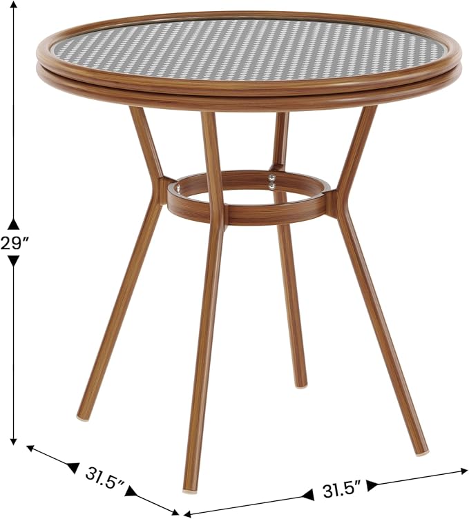 EMMA + OLIVER Colmar Indoor/Outdoor Bistro Table - Black & White Woven PE Rattan Pattern - Tempered Glass Top - Bamboo Finish Metal Frame - 31.5 in.