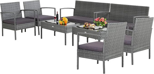 Tangkula 8 Piece Patio Furniture Set, Patiojoy Outdoor Wicker Conversation with Soft Cushion, Glass Tabletop, Solid Steel Frame, Sectional Sofa for Backyard, Poolside, Balcony
