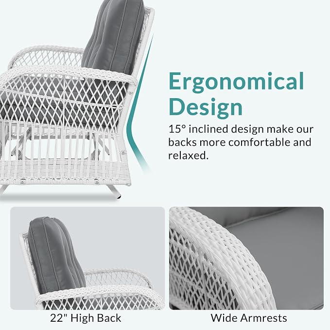 MEETWARM Outdoor Wicker Patio Glider Set, Loveseat for 2 Person Porch Furniture Glider with Glass-Top Coffee Table, Patio Glider Rocking Bench with Thickened Cushions, White Wicker/Grey