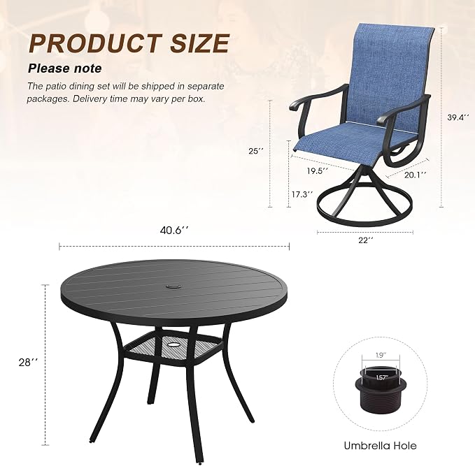 VICLLAX 5 Pieces Outdoor Patio Dining Set for 4, 40.6" Round Metal Table with Umbrella Hole and 4 Swivel Textilene Chairs for Lawn, Garden, Porch, Black/Dark Blue