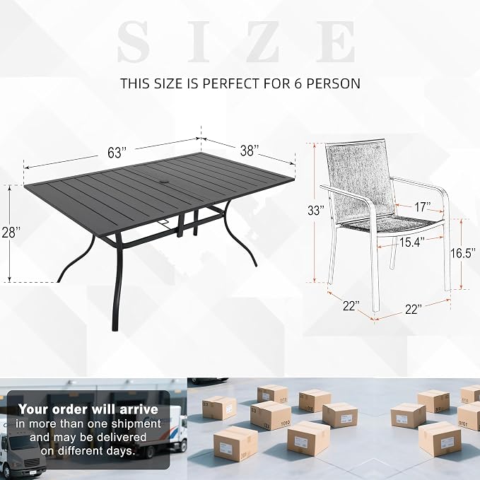 7 Piece Outdoor Red Stackable Chairs and 63"x38" Rectangle Dining Table Set | 6 Psc Stackable Chairs, Textilene Seat&Back, Metal Table, Slat Table Top, 6 Person Use, 1.57"-1.9" Umbrella Hole, All Weather