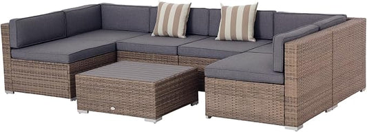Outsunny 7 Piece Patio Furniture Set, Wicker Outdoor Sectional Sofa Set, All Weather PE Rattan Outdoor Furniture Conversation Sets with Cushions, Faux Wood Coffee Table, Striped Pillows, Gray