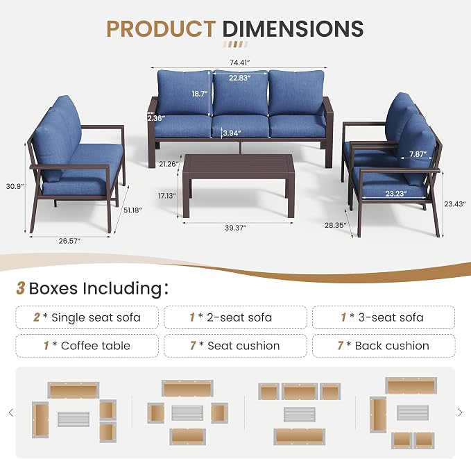 Aluminum Patio Furniture Set 5 Pieces Modern Patio Conversation Sets for Porch, Deck, Garden, 7-Seat Outdoor Furniture Metal Sofa Set with 4" Water-Resistant Cushion & Coffee Table,Navy