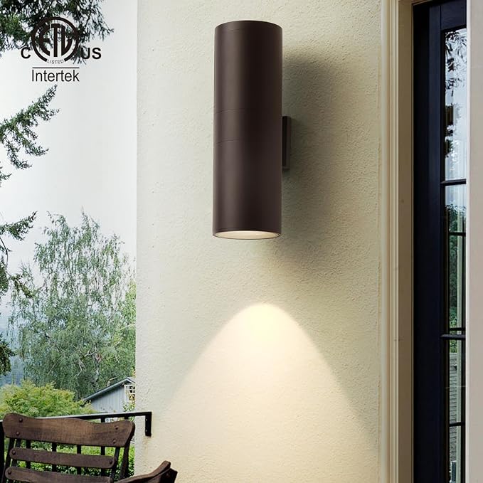 mirrea 18" Modern Outdoor Porch Light 2 Lights, Oil Rubbed Bronze, 2 Pack | Aluminum cylinder exterior fixtures, tempered glass cover, waterproof wall sconce & patio light for outdoor use.