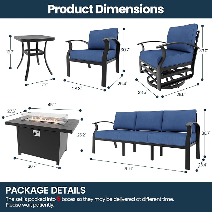 Aluminum Outdoor Patio Furniture Set,7 Seats Patio Conversation Sets with 45" Propane Fire Pit Table,Metal Patio Sectional Furniture Set with 2 Swivel Rocking Chairs,Navy Blue