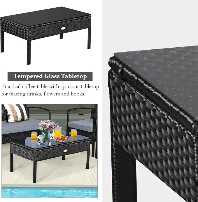 Outdoor Conversation Set 4 Pieces Patio Furniture, Wicker Patio Chair Sofa Set with Water-Resistant Gray Cushion & Tempered Glass Table for Backyard, Balcony, Porch(Black)