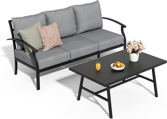 Metal Patio Furniture Set,2 Pieces 3 Seats Patio Sectional Outdoor Furniture Set with Rectangular Coffee Table,Patio Conversation Sets with 5.1" Thickened Cushions,Grey