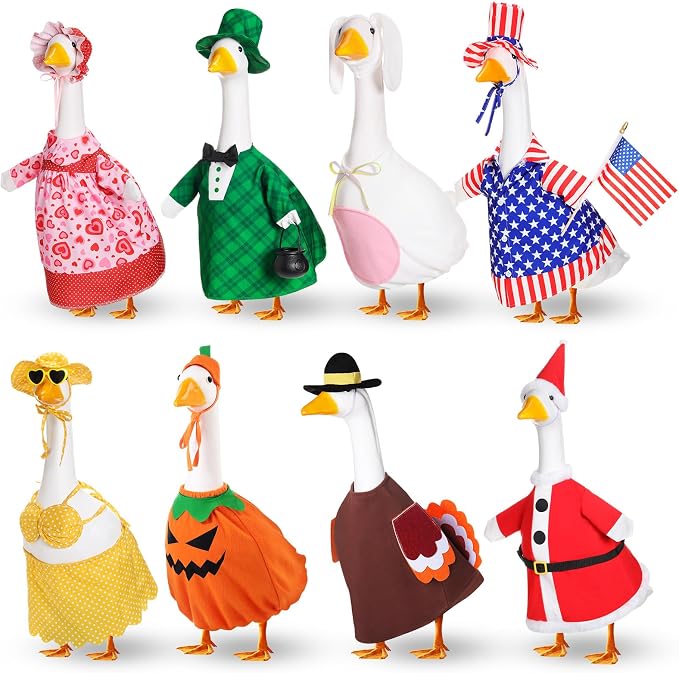 FuWeave 8 Set Holiday Porch Goose Outfits 23'' Goose Clothes Summer Fall Halloween Christmas Winter Thanksgiving Valentine St. Patrick Easter 4th of July Lawn Porch Geese Costume for Patio Yard Decor