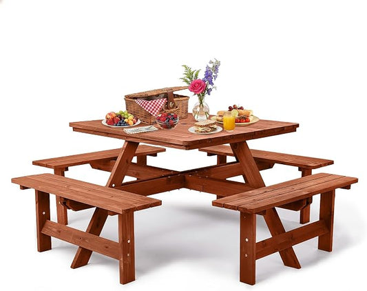 VINGLI 8-Person Wood Picnic Table Outdoor Sqaure Picnic Table with Umbrella Hole and 4 Built-in Benches, Outdoor Dining Tables and Chairs 500 LBS Bench Capacity (Brown, Sqaure)
