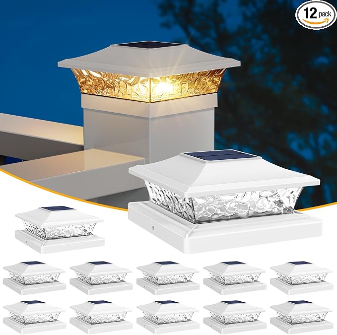 APONUO Solar Post Cap Lights 12 Pack for 4x4 5x5 6x6 Wood & Vinyl Fences - IP65 Waterproof, All-Night Auto On/Off, Warm/Cool White Light, Outdoor Deck Patio Garden (White)