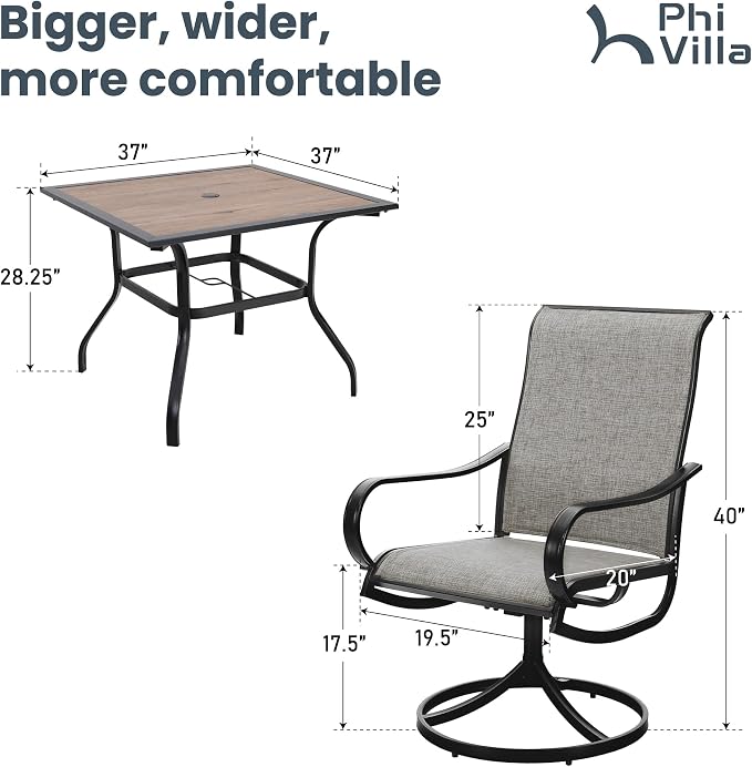 PHI VILLA 5 Pcs Patio Dining Set for 4, Swivel Mesh Chairs, Brown | 4 textilene dining chairs. 37" PVC square table top w/ umbrella hole, all weather E-coated metal frame for outdoor deck lawn