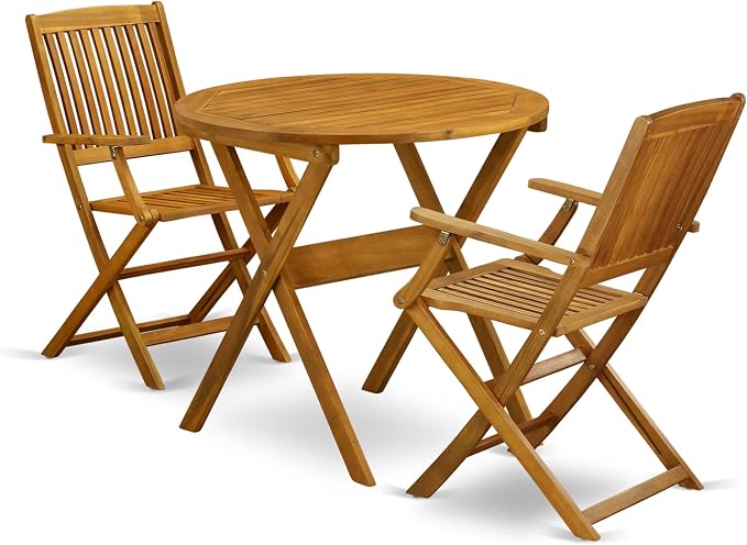 East West Furniture MNCM3CANA 3 Piece Folding Patio Bistro Sets Outdoor Set Contains a Round Acacia Wood Coffee Table and 2 Folding Arm Chairs, 30x30 Inch, Natural Oil