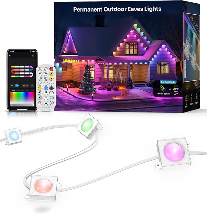 Permanent Outdoor Lights, 150FT RGB+IC Eave Lights with Music Mode | Permanent Outdoor Christmas Lights with RGB+IC Lighting, IP65, App & Remote Control for Eaves, Yard Parties, and Holidays