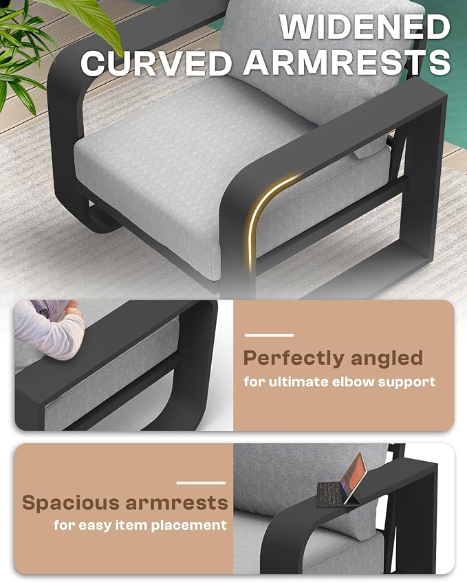 Oversized Aluminum Outdoor Furniture Set, Extra Large Patio Furniture Sofa Set 4.8” Widened Armrest & Ultra-Thick Cushions, 4 Pcs Modern Patio Sectional for Backyard, Porch, Gray