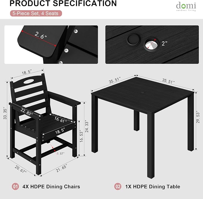 Domi HDPE Outdoor Dining Set, All-Weather Outdoor Dining Table Set of 5 with 2" Umbrella Hole, Outdoor Patio Dining Set for Garden, Poolside, Backyard, Deck, Black