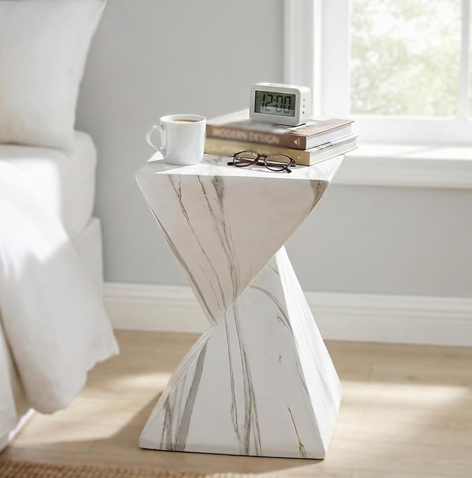 Merax 18.5" H Modern Outdoor Concrete Side Table, Patio End Table with Sculptural Fluted Design, Weather-Resistant Geometric Minimalism Accent Table for Garden, Balcony & Poolside, White Marble