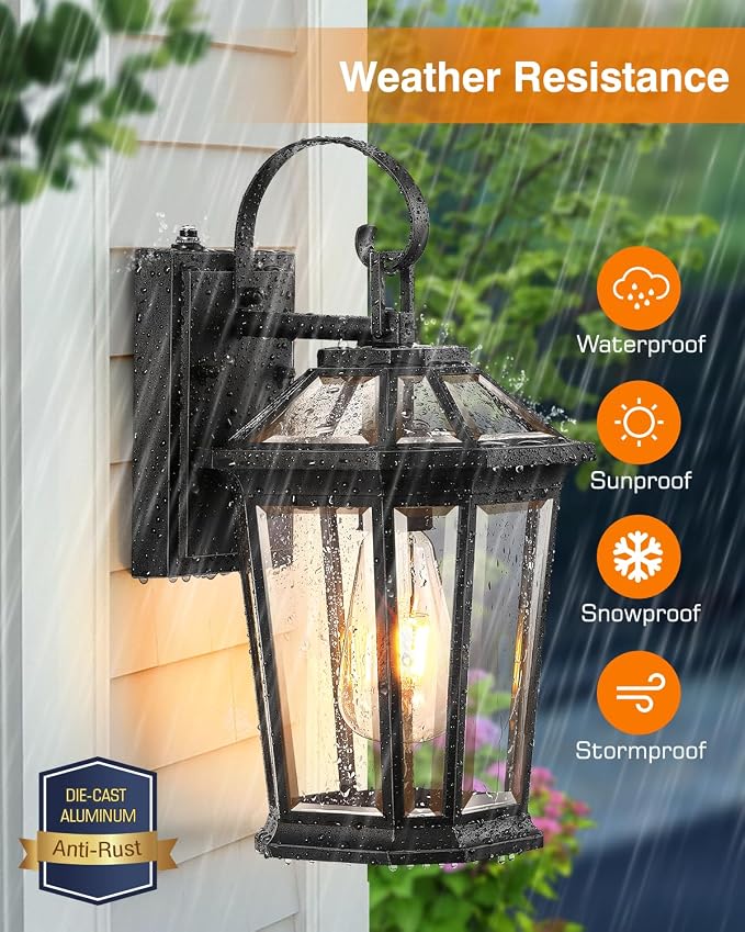VIANIS Dusk to Dawn Porch Lights Outdoor, Black Outdoor Wall Lantern for House, 100% Anti-Rust Aluminum Outside House Light, Farmhouse Coach Lights for Garage, Front Door, Carriage Lights Exterior